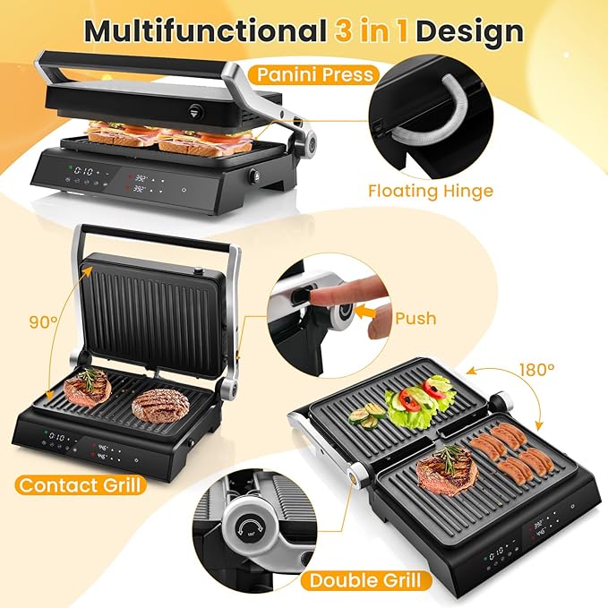 Panini Grill Press Sandwich Maker, 3 In 1 Sandwich Maker with Removable Plates & Led Display, 1200w Panini Press Machine for Toaster, Bread, BBQ, Vegetable