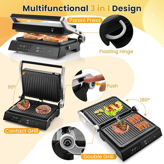 Panini Grill Press Sandwich Maker, 3 In 1 Sandwich Maker with Removable Plates & Led Display, 1200w Panini Press Machine for Toaster, Bread, BBQ, Vegetable