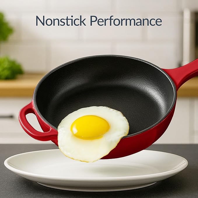 Best Choice Products Non-Stick Pot & Pan Cookware Set, Cast Iron, 2Qt Skillet W/Lid, 10" Grill Or Griddle Pan W/Press, 6Qt Enameled Dutch Oven, Non-toxic, For Cooking & Grilling - Red