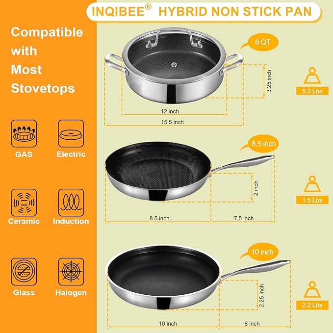 Inqibee 6 QT Hybrid Tri-Ply Stainless Steel Non Stick Sauté Pan with Lid & 8.5-10 Inch Frying Pan, 12 Inch Induction Deep Frying Pan Set, Dishwasher and Oven Safe