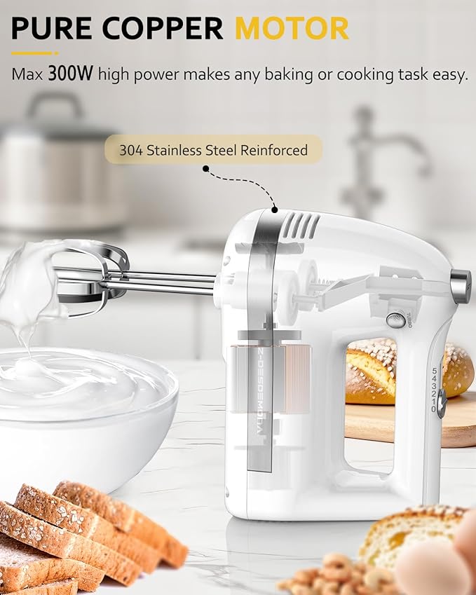 Z-DESDEMONA Electric Hand Mixer, Powerful 300W Hand Mixer Electric Handheld with 304 Beaters, Dough Hook,Hand Held Mixer with Turbo for Baking Cakes, Eggs, Cream Food(White)