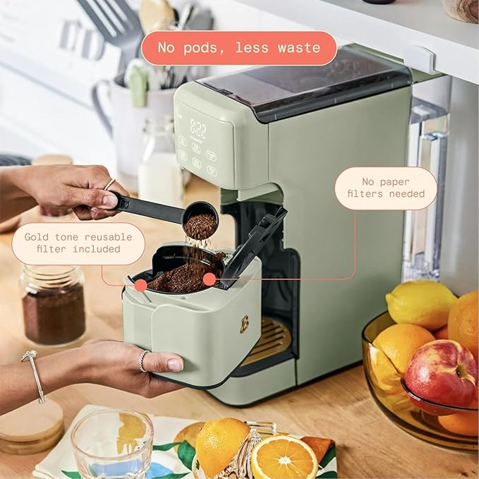 Beautiful Perfect Grind Programmable Single Serve Coffee Maker, Burr Grinder, 64 oz Reservoir, 6 Brew Sizes by Drew Barrymore (Sage Green)