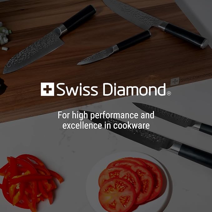 Swiss Diamond Chef Knife Set, German Steel With ABS Handle, Half Tang Handle, Hammered Blade Chef Knives Professional Grade, 55+2 Rockwell Hardness, 5 Piece Set