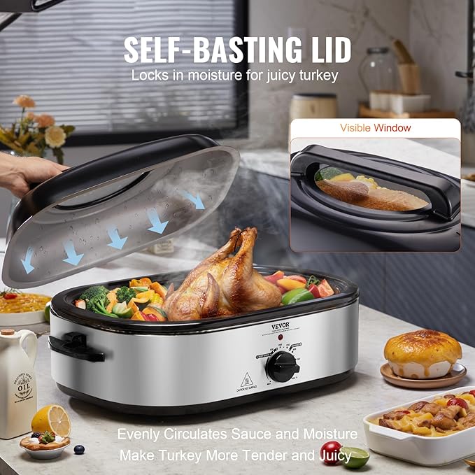 VEVOR Electric Roaster Oven, 22 QT Turkey Roaster with Self-Basting Lid, 1450W Roaster with Defrost & Warm Function, Adjustable Temp, Removable Pan & Rack, Fits Turkeys Up to 26LBS, Silver