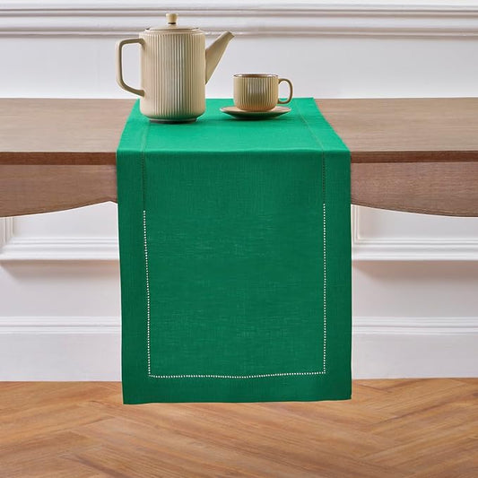 Solino Home Linen Emerald Green Hemstitch Table Runner 60 Inches - 100% Pure Linen Small Table Runner 14 x 60 Inch Ideal for Dresser and Coffee Tables - Classic Hemstitch - St Patricks Day