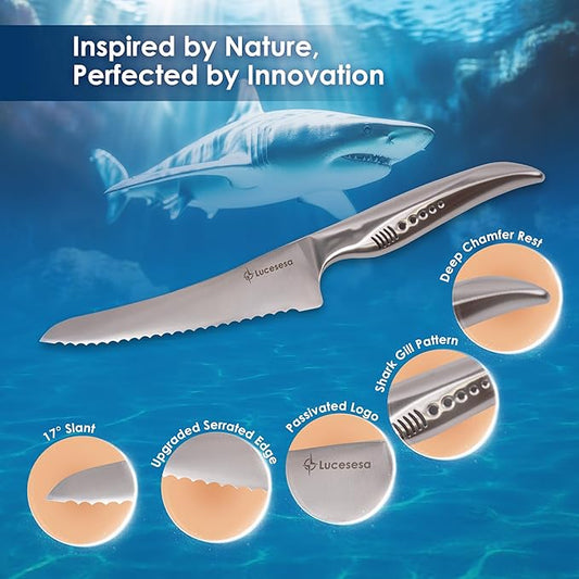 8" Bread Knife, Multifunction Serrated Bread Knife Ultra Sharp Offset, Steel Handle Shark-Inspired Ergonomic Stainless for Homemade Bread, Bagels, Sourdough, Baking & Wedding Gifts