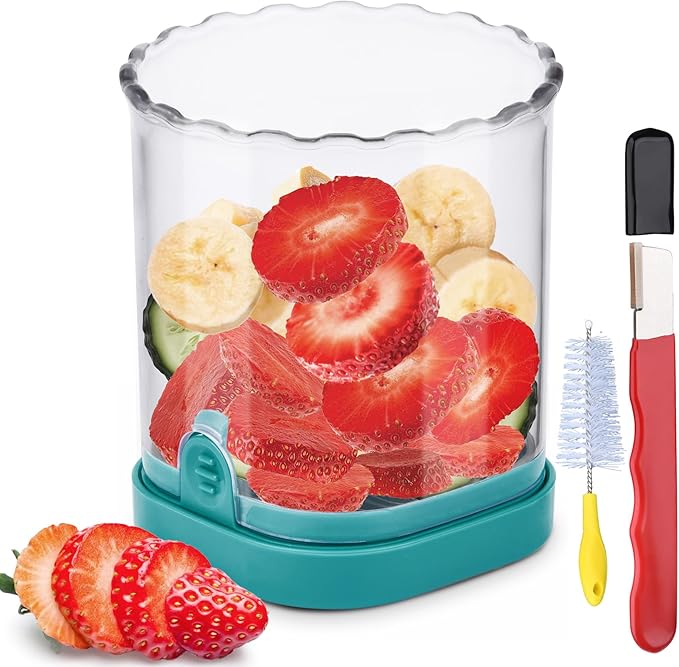 Strawberry Cutter Slicer Cup with Blade Sharpener & Cleaning Brush – Versatile Fruit Slicer for Strawberries, Eggs, Bananas, Grapes(Dark Teal)