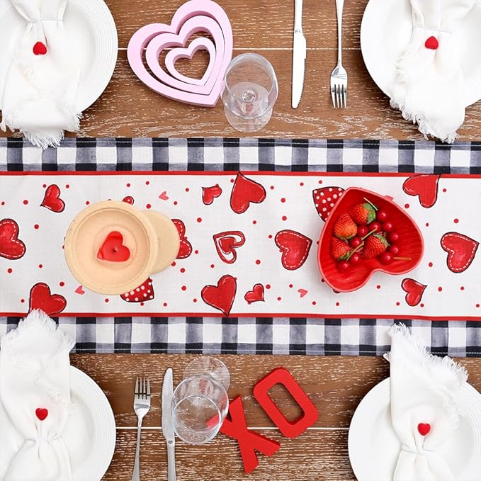 GEEORY Valentine's Day Table Runner 13 x 36 Inch, Red Hearts Polka Dots Decorative Farmhouse Table Decoration for Kitchen Dinning, Indoor Outdoor Dinner Party GT138-36
