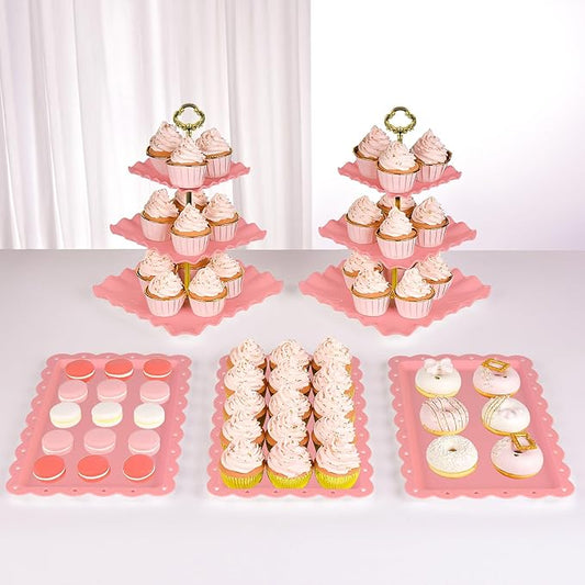 NWK 5 Piece Cake Stand Set with 2 x Large 3-Tier Cupcake Stands, 3 x Appetizer Trays, for Wedding Birthday Baby Shower Tea Party Decorations (Pink)