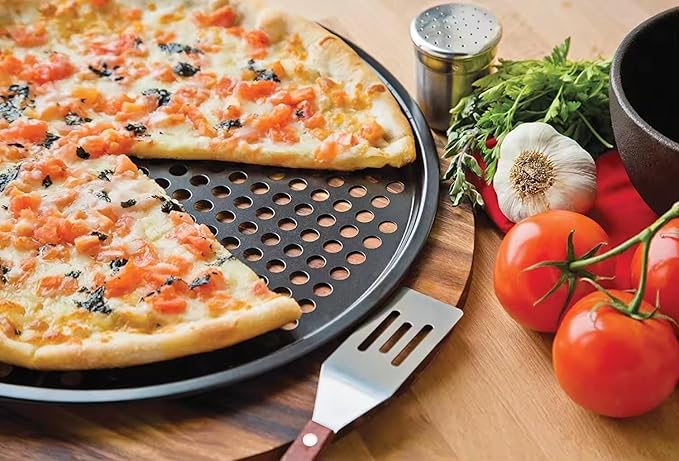 ZOEHROWS 13 Inch Pizza Pan for Oven, Round Pizza Pan with Holes - Non-Stick Carbon Steel Pizza Tray with Silicone Handles - for Cooking, Baking, and Grilling - Dishwasher Safe