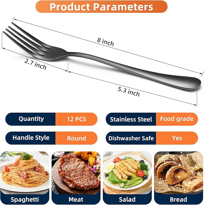 Black Forks Food-Grade Stainless Steel Dinner Forks 12 Piece Kitchen Forks 8 inch Silverware Set for Home Kitchen Restaurant-Mirror Polished & Dishwasher Safe