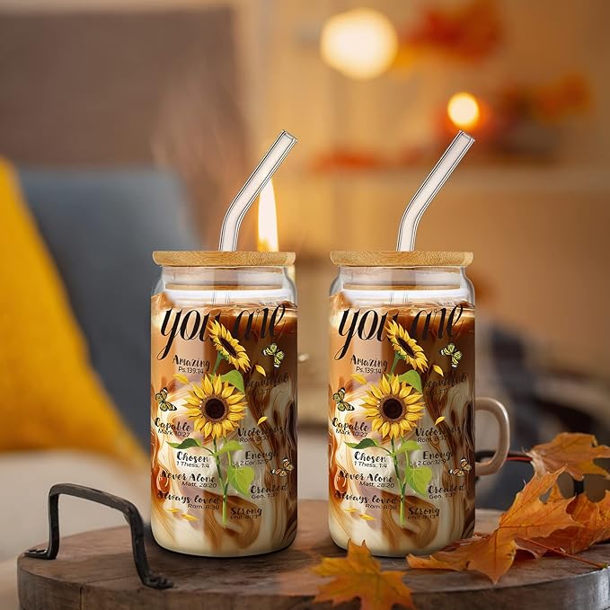 Lallisa Christian Sunflower Gifts for Women 15 oz Iced Coffee Glass Cups with Bamboo Lid and Straw Inspirational Bible Verse Can Cups Religious Sunflower Drinking Jars for Beer Mom Her Friend Wife