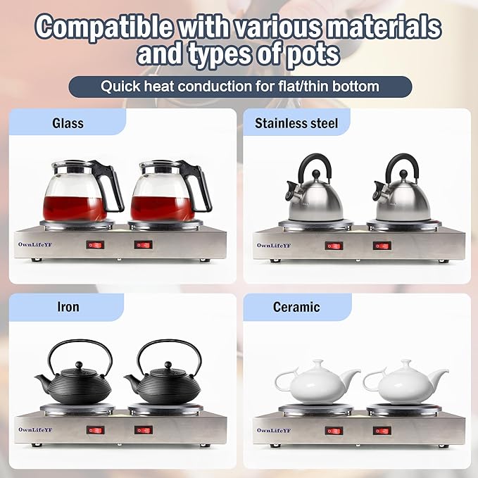 OwnLifeYF Commercial Double Coffee Carafe Warmer, Stainless Steel, 2 Burners Decanter Warmer Plate,Suitable for Café, Break Room, Buffet, Event and Commercial Use (US Plug 110V)