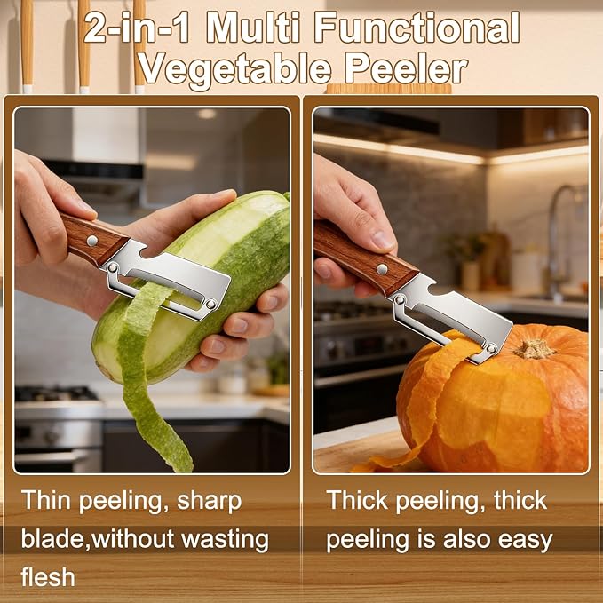 2PCS Multi Functional Premium Vegetable Peeler with Wooden Handle and Bottle Opener,Stainless Steel Blade Kitchen Tool for Fruit Apple Potato Pumpkin Papaya Carrot