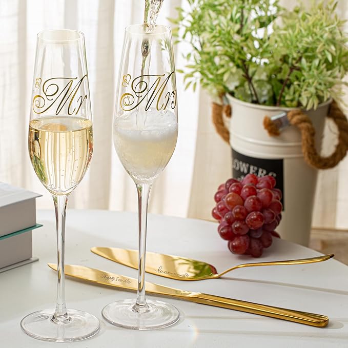 Wedding Cake Knife And Server Set, Mr and Mrs Champagne Flute Glasses With Cake Cutting Set For Wedding Glasses For Bride And Groom