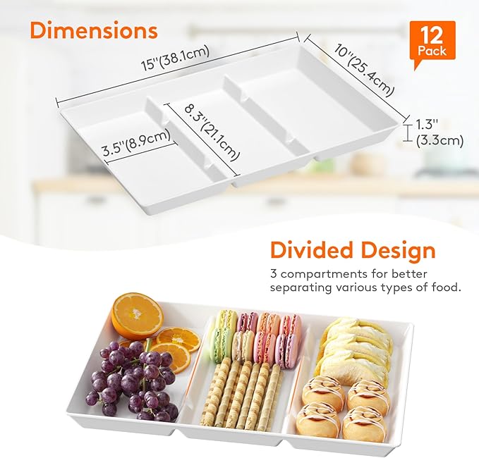 Lifewit Serving Tray Divided for Party Supplies, 12 PCS 15" x 10" Plastic Platters for Serving Food, White Reusable Tray for Veggie, Snack, Fruit, Cookies, Desserts in Kitchen/Pantry