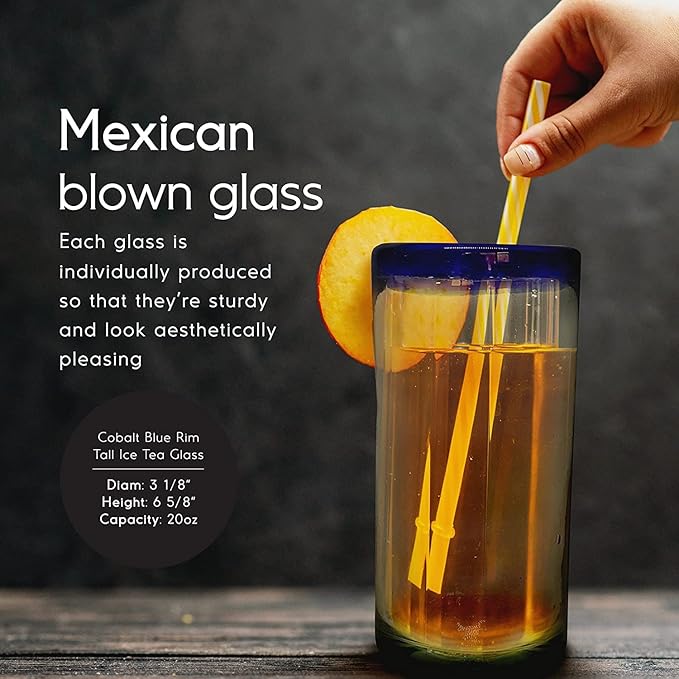 Cobalt Blue Rim 20 oz Tall Iced Tea Glasses (set of 6), Recycled Glass, Lead-free, Toxin-Free (Iced Tea)