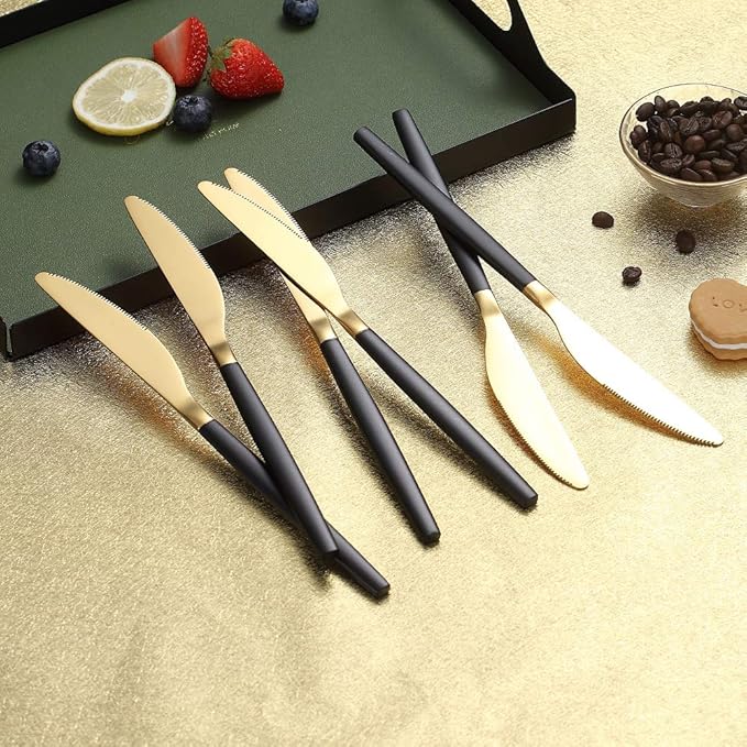 Dinner Knives 6 Pieces Black And Gold Plating, Homquen Sturdy 9" Stainless Steel Modern Design Knife, Knifes Set With Round Edge Dishwasher Safe