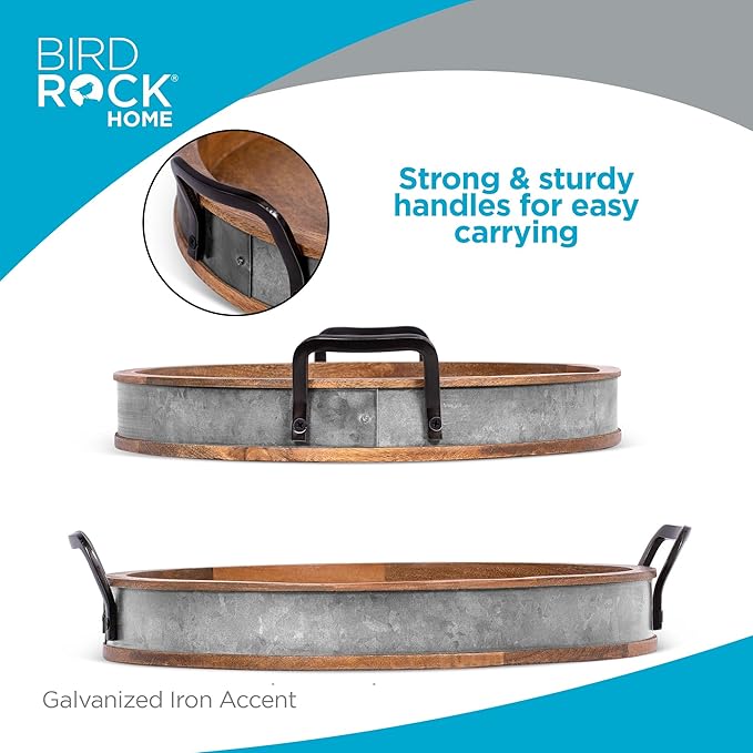 BIRDROCK HOME Large Round Wooden Serving Tray with Handles & Iron Accents - Round Barrel Tray for Living Room, Kitchen, Coffee Table Decor, Breakfast, Cheese Board & Bar - Tray Platter in Lap & Couch