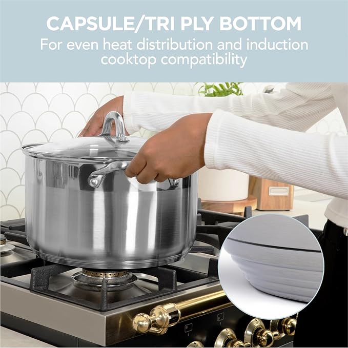 Alpha Living SP-08G Stainless Steel Pot with Capsule Bottom – Induction Compatible 8Qt Pot with Lid – Tri-Ply Ultra-Thick Bottom – Ideal for Spaghetti, Cooking, Canning, Boiling