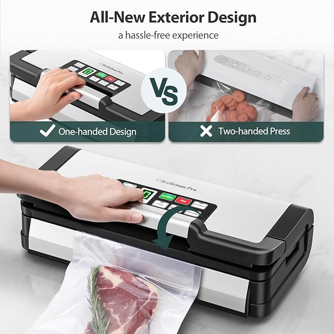 95kPa Vacuum Sealer Machine with AquaLock Technology, for Moist Seals, 2X Seal & 130W, Fully Automatic Food Sealer, Built-In Cutter, Bag Storage & Hose, Precision Sealing, 2 Bag Rolls,Stainless Steel