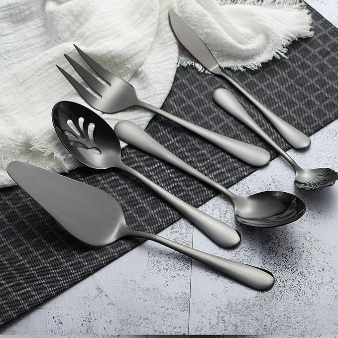 Berglander Stainless Steel Black Titanium Plated Flatware Serving Set 6 Pieces, 5 Serving Pieces of 45 Pieces Flatware With 1 Cake Server, Serving Silverware Set (Shiny Black)