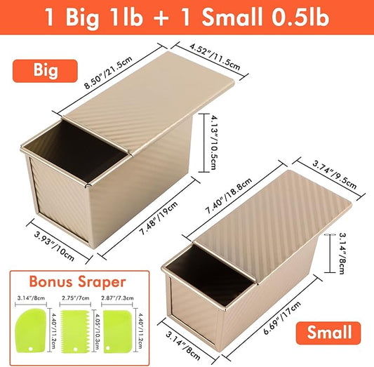 Beasea Pullman Loaf Pan with Lid, 2 Pack Non-Stick Bread Loaf Pans 1 lb & 0.5 lb Carbon Steel Bread Toast Box with Dough Scraper for Homemade Bread Toast Oven Baking - Gold
