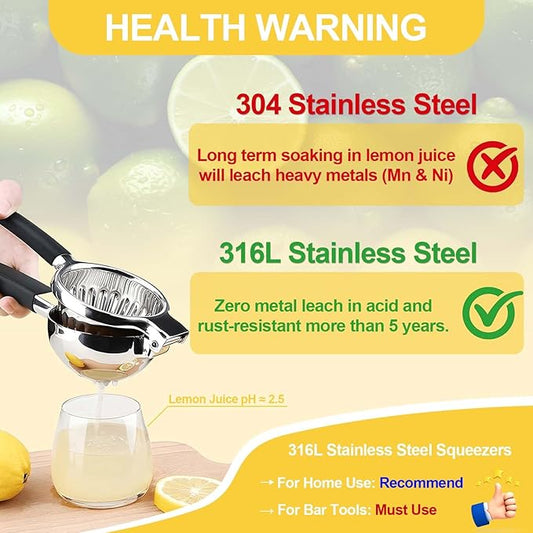 Premium Lemon Squeezer, Upgrade 316L Stainless Steel Lemon Juicer, Heavy Metal Zero-Leaching Citrus Juicer - Baby Food Safe Lime Squeezer, More Heavy Duty and Durable Manual Citrus Squeezer