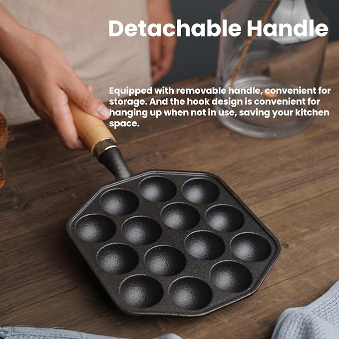 Topyond Cast Iron Aebleskiver Pan, 14 Holes Takoyaki Nonstick Cast Iron Ebelskiver Pan, Mochi Maker Grill Pancake Pan with Detachable Handle