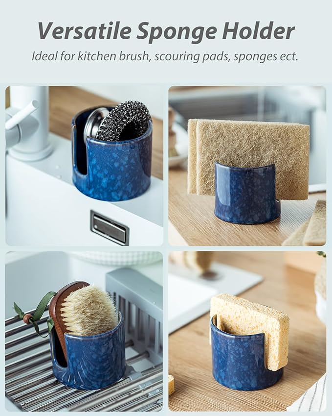 Kitchen Sponge Holder, Ceramic Sponge Organizer Scrubby Holder Dish Rack for Kitchen and Bathroom, Farmhouse Decor, Blue