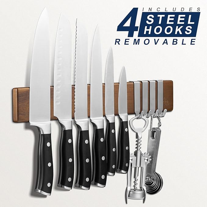 ENOKING 16 Inch Strong Magnetic Knife Holder for Wall, Solid Acacia Wood Knife Bar with 4 Hooks, 3-Way Installation: No-Drill Wall Mount, Screw Mount, & Refrigerator Slip-Proof Magnet Strip