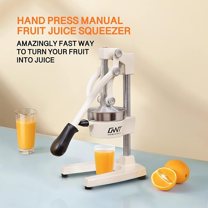 Commercial Heavy Duty Cast Iron Hand Press Manual Orange Citrus Lemon Lime Grapefruit Pomegranate Fruit Juice Squeezer Machine with Stainless Steel Cup White