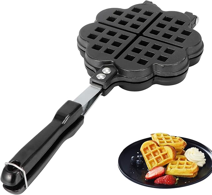 Waffle Maker, Aluminium Alloy Non Stick Stovetop Waffle Maker Pan with Long Handle Portable Cake Mold Baking Tray for Sandwich Breakfast Snacks