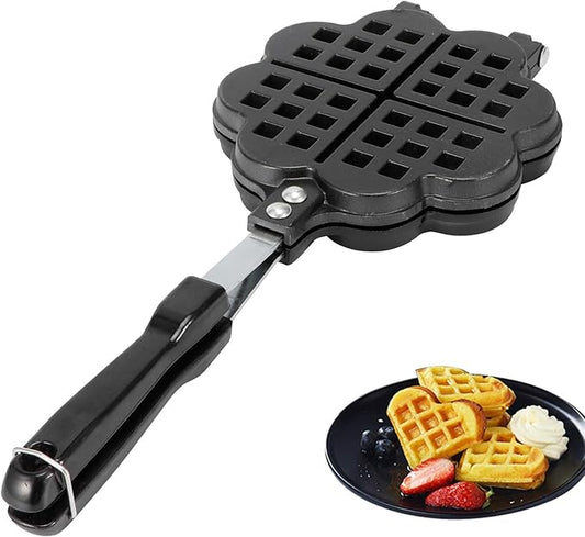 Waffle Maker, Aluminium Alloy Non Stick Stovetop Waffle Maker Pan with Long Handle Portable Cake Mold Baking Tray for Sandwich Breakfast Snacks