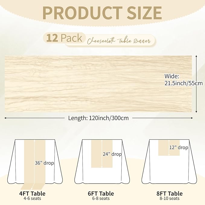 12 Pack Ivory Cheesecloth Table Runner 10Ft, Gauze Table Runners 21.5 x 120 inch,Semi Sheer Cheese Cloth Fabric Runner Bulk for Wedding,Party,Baby Shower,Bridal Shower