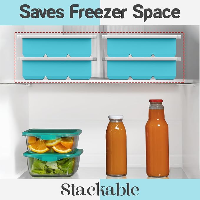 KitchFort Large Silicone Ice Cube Tray (2-Pack), Easy Release 2" Big Ice Cubes - Cocktail, Whiskey Ice Cubes Mold - Ice Trays for Freezer with Lid - Stackable Silicone Ice Tray - Turquoise