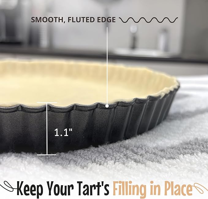 YUMTART 9 Inch Tart Pan with Removable Bottom – Non-Stick Deep Fluted Quiche and Pie Pan, Carbon Steel Loose Bottom Tart Pan, 9.5 Inch Top / 9 Inch Base, 1.1 Inch Deep Baking Pan