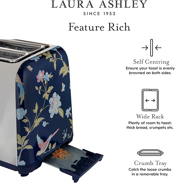 VQ Laura Ashley Elveden Navy Stainless Steel 2 Slice Toaster | Multi-Functional Bagels & Bread Toaster 2 Slice with Adjustable Heating & Defrost Mode | Featuring 2 Wide Slots, Croissant Warming Rack