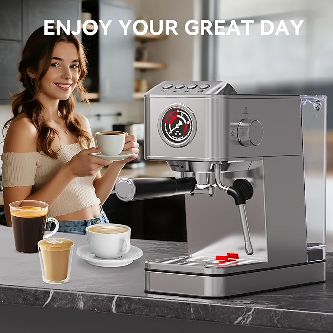 TINTALK EM623 Espresso Machine 20 Bar with Steam Milk Frother, Stainless Steel Coffee Machine with Removable Water Tank for Cappuccino,Latte, Compact Stainless Steel Coffee maker for home,Great Gift