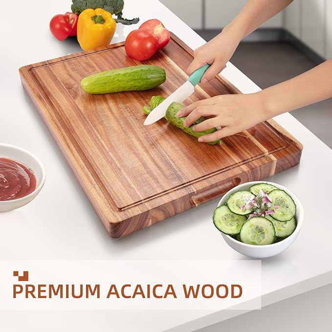 LinTimes Acacia Wood Cutting Board with Grip Handle - Serving Board, Cheese Board, Chopping Board 20"L *15"W Inches, Durable Lightweight Kitchen Essentials for Meat, Vegetables, Ideal Gift