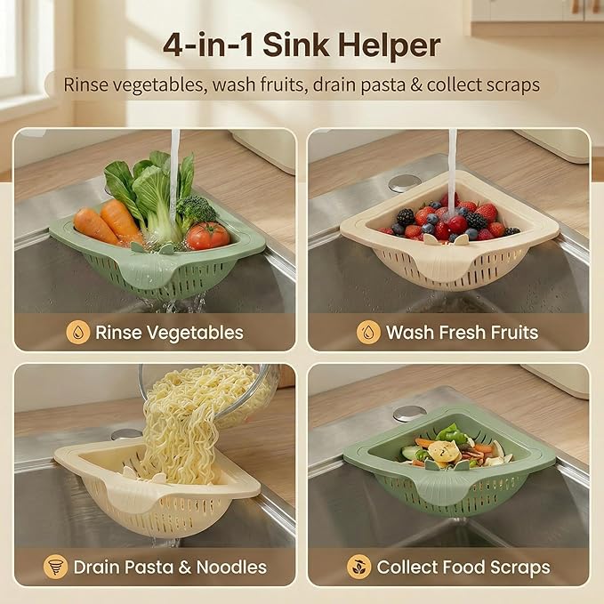 Magnetic Drainage & Filter Basket 2.0 Design, Corner Sink Strainer with Twist-Open Bottom, Triangular Drain Basket for Food Scraps & Rinsing Produce, Fits Metal Sinks (Orange)