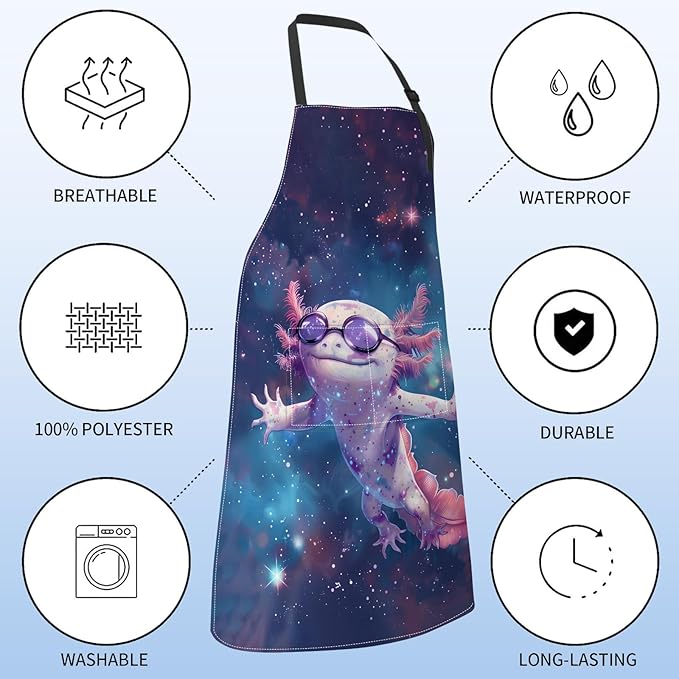 Cute Axolotl Apron for Women with Space,28x33in,Fun Cool Cosmic Kitchen Aprons with 2 Pockets,Oxford Fabric,Playful Adjustable Apron for Cooking Baking Gardening Chef,Gifts for Mom Wife