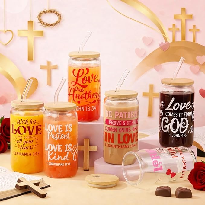 Fulmoon 6 Pcs Christian Wedding Gifts Drinking Glasses Gifts Bulk, 16 oz Religious Tumblers with Lid and Straw Bible Verse Cups for Church Sunday School Classroom Bible Study Church Events