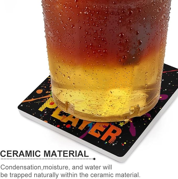 Gamer Drink Coasters, Square Ceramic Drink Coaster Square-4PCS, Kids Cool Gamepad Colorful Game Controller Gaming Gamer Decor Absorbent Ceramic Coasters for Beverage Cup, Bar, Coffee Table