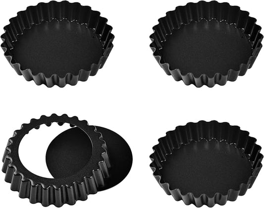 Bakeley Mini Tart Pan Set, 4-Inch 4pcs with Removable Loose Bottom Non-Stick Round Quiche Bakeware for Oven and Instant Pot Baking (Black)