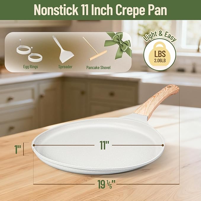 AOSION Crepe Pan Nonstick 11 Inch,Dosa Tawa Creamic,Tortilla pan For Pancake Steak Crepe Salmon,Flat Pan With Ergonmic Handle For All Stoves Top,Gray