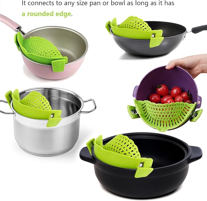 3 Pcs Silicone Clip-on Food Strainer Pasta Strainer for All Pots and Pans, Kitchen Colander for Noodle, Vegetables, Meat, Fruit, Spaghetti