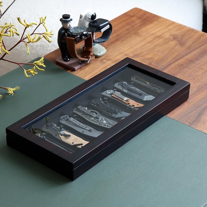 Bonaking Knife Display Case for 8 Pocket Knives - Pocket Knife Case Storage Box for Men's Gift - Knife Cases for Collections with Ebony Finish and Glass Window Top