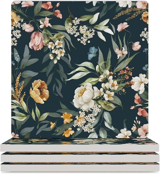 Floral Drink Coasters, Square Ceramic Drink Coaster Square-4PCS, Watercolour Leaf Flower Herb Nature Plant Floral Decor Absorbent Ceramic Coasters for Beverage Cup, Bar, Coffee Table