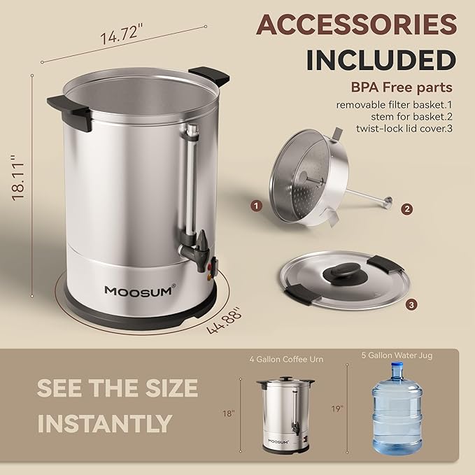 MOOSUM 100-Cup Commercial Coffee Maker Hot Water Urn, 4 Gallon Large Capacity Hot Drink Dispenser, 1500W Quick Brew for Catering Events, Stainless Steel
